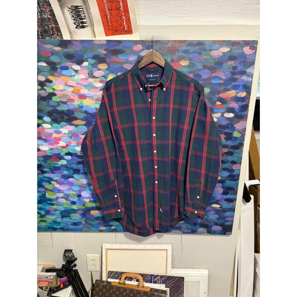 Ralph Lauren Mens Large Plaid Button Down Shirt Green Red Navy Blue Cotton